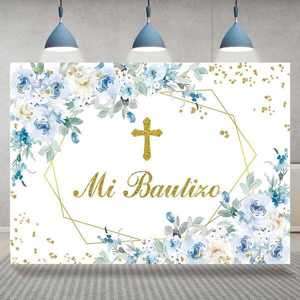 Mi Bautizo Backdrop Mexican Baptism Party Photo Background God Bless Boy First Holy Communion Blue Flower Decorate Banner Newborn Baby Shower Supplies (Blue, 8x6FT) 1