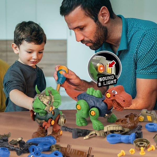 GILOBABY Take Apart Dinosaur Toys for Kids, 3 DIY Dinosaur Toys with LED Lights, Roaring, STEM Construction Building Toy Set with Electric Drill, Educational Toy Gifts for Boys and Girls Aged 3+ 4