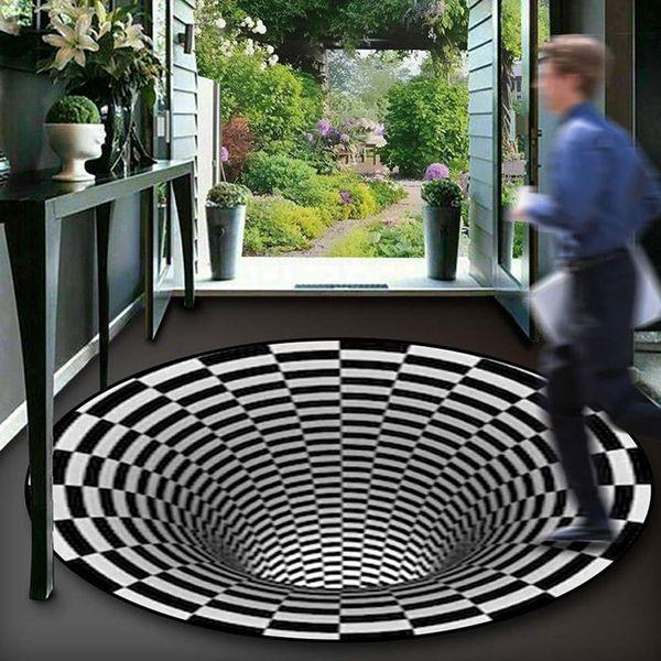 MOVKZACV 3D Bottomless Hole Optical Illusion Area Rug Round Carpets Optical Illusion Black Hole Checkered Optical Illusions Easy to Clean Room Bedroom Anti-slip Floor Mat Area Rug (100x100cm) 3