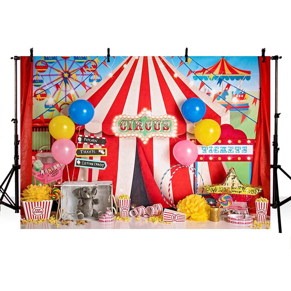 MEHOFOND 7x5ft Circus Carnival Photography Backdrop Stripes Tent Balloon Flag Birthday Party Background Banner Popcorn Tickets Cake Smash Decor Child Portrait Photo Studio Booth Props 0