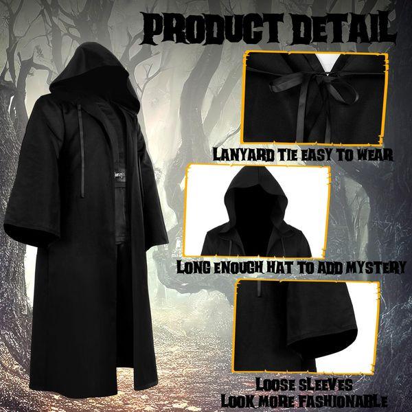 Hicarer Hooded Robe Cloak for Men Kid Halloween Wizard Costume Knight Cosplay Elven Cape Medieval Renaissance Costume (Black,Adult, Large) 2