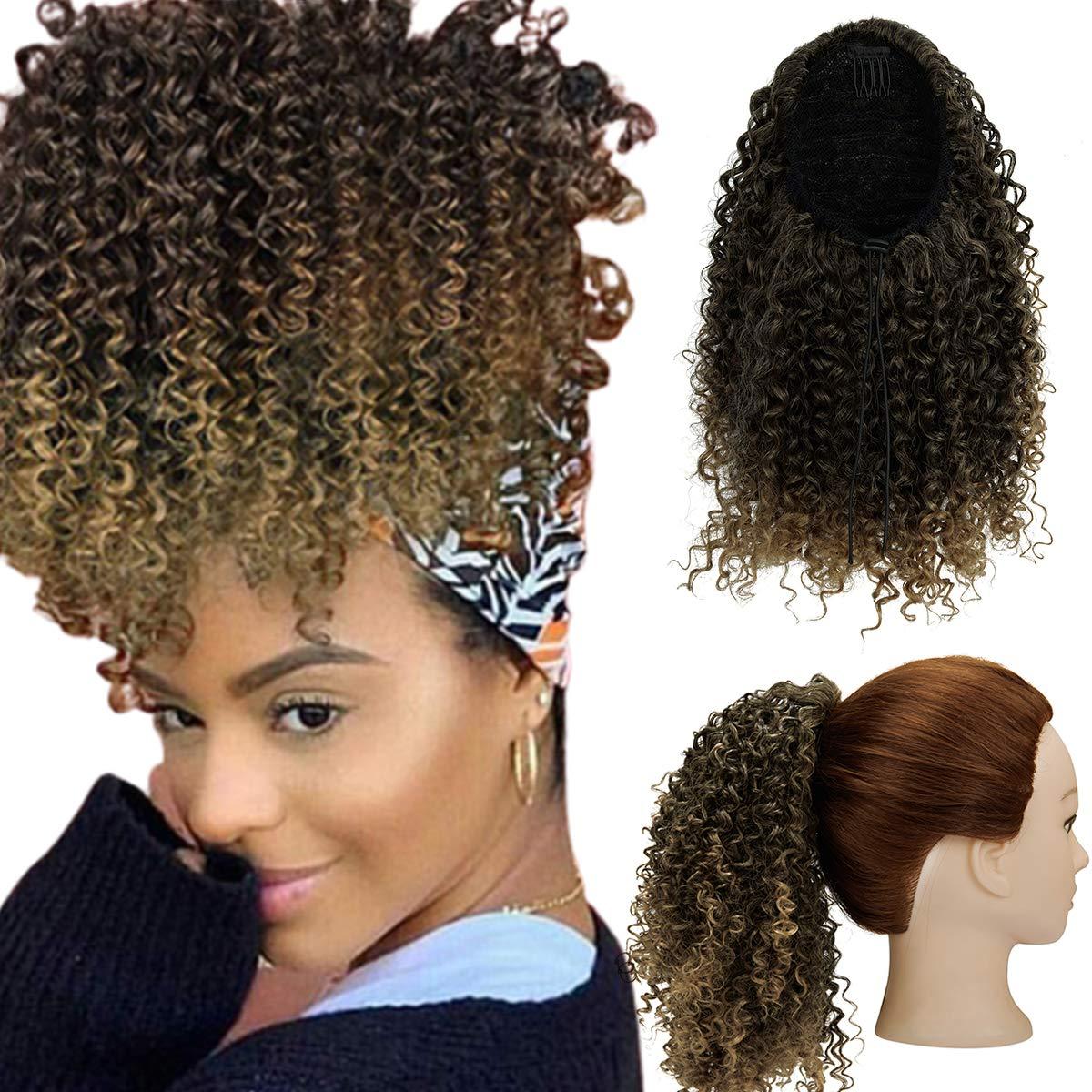 ZAIQUN 10 Inch Synthetic Afro Ponytail Drawstring Ponytail Hair Extension Afro Kinky Curly Ponytail Puff Extension Clip in Ombre Color Short Afro Hairpiece Drawstring Ponytail for Women(1B/27#)