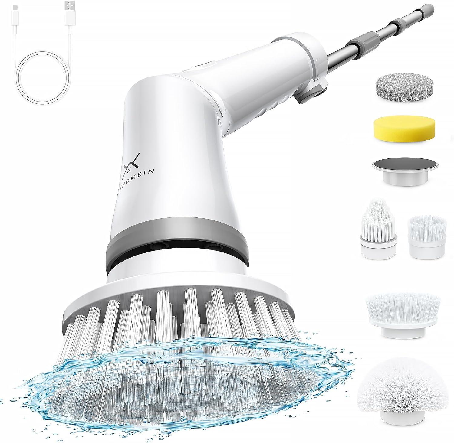 WISHOMEIN Cordless Electric Spin Scrubber: Power Shower Scrubber with Long Handle for Cleaning Bathroom, Dual Speed Electric Spin Brush, Cleaning Brush with 6 Brush Heads for Bathtub Tile Floor 4