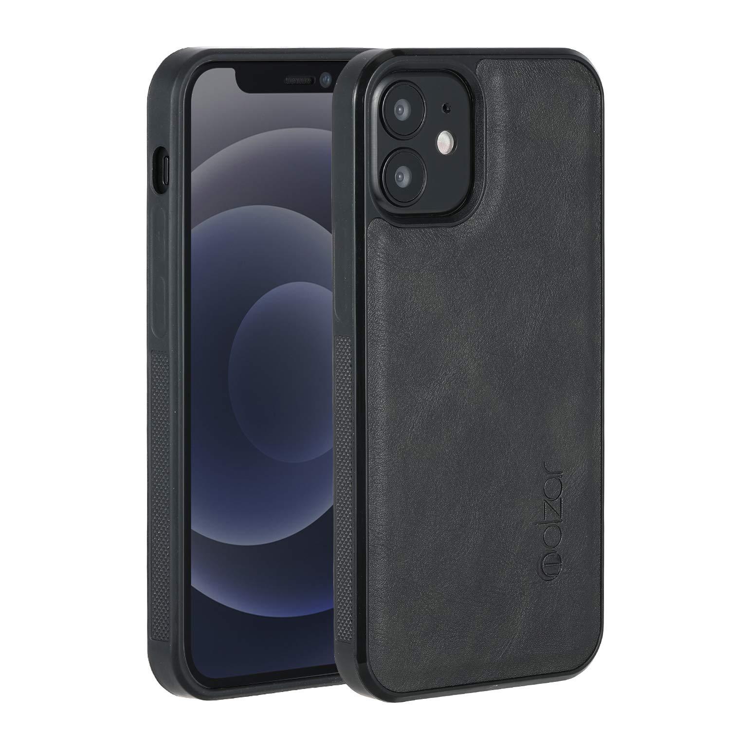 Molzar GripBig Series iPhone 12 Mini Case with Faux Leather, Built-in Metal Plate for Magnetic Mount, Wireless Charging Support, Compatible with iPhone 12 Mini, Black/Black 0