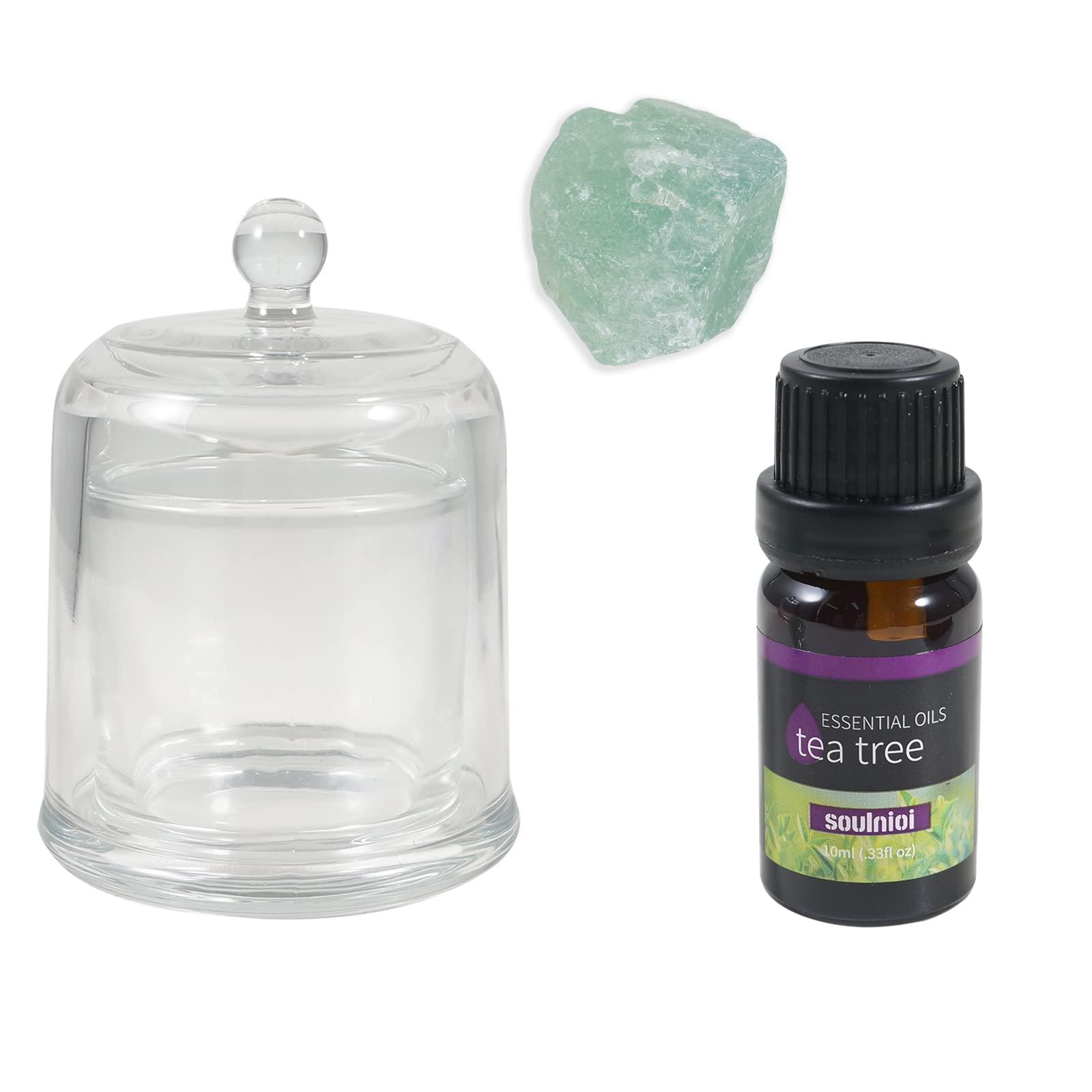 Soulnioi Natural Crystal Green Fluorite Crystal Diffuser Stone for Decoration(1pc), 1pc Tea Tree Essential Oil Diffuser and 1pc Bell Jar Glass Display Dome Jar Cover for Candle