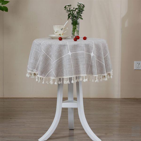 NEWISHER Farmhouse Rustic Embroidery Tablecloth Round Tassel Plaid Table Cloth Fabric Heavy Weight Table Cover for Kitchen Dining Party Tabletop Decoration Brown 150 cm 0