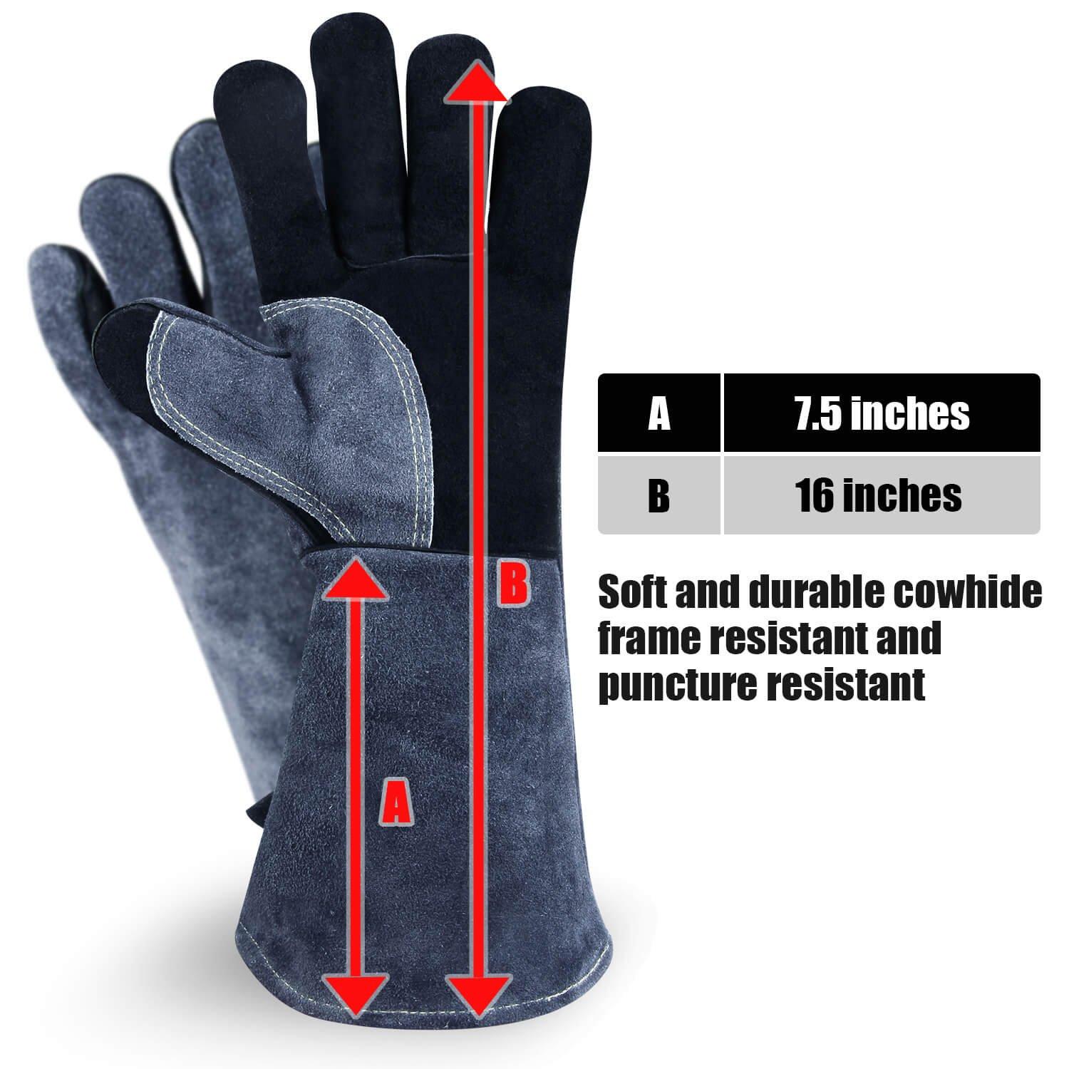 OZERO 932°F Heat Resistant Welding Gloves 16 inches Cowhide Leather - Long Sleeve and Insulated Lining BBQ Glove for Tig Welder/Mig/Grill/Barbecue/Green Egg/Stove Black-gray 2