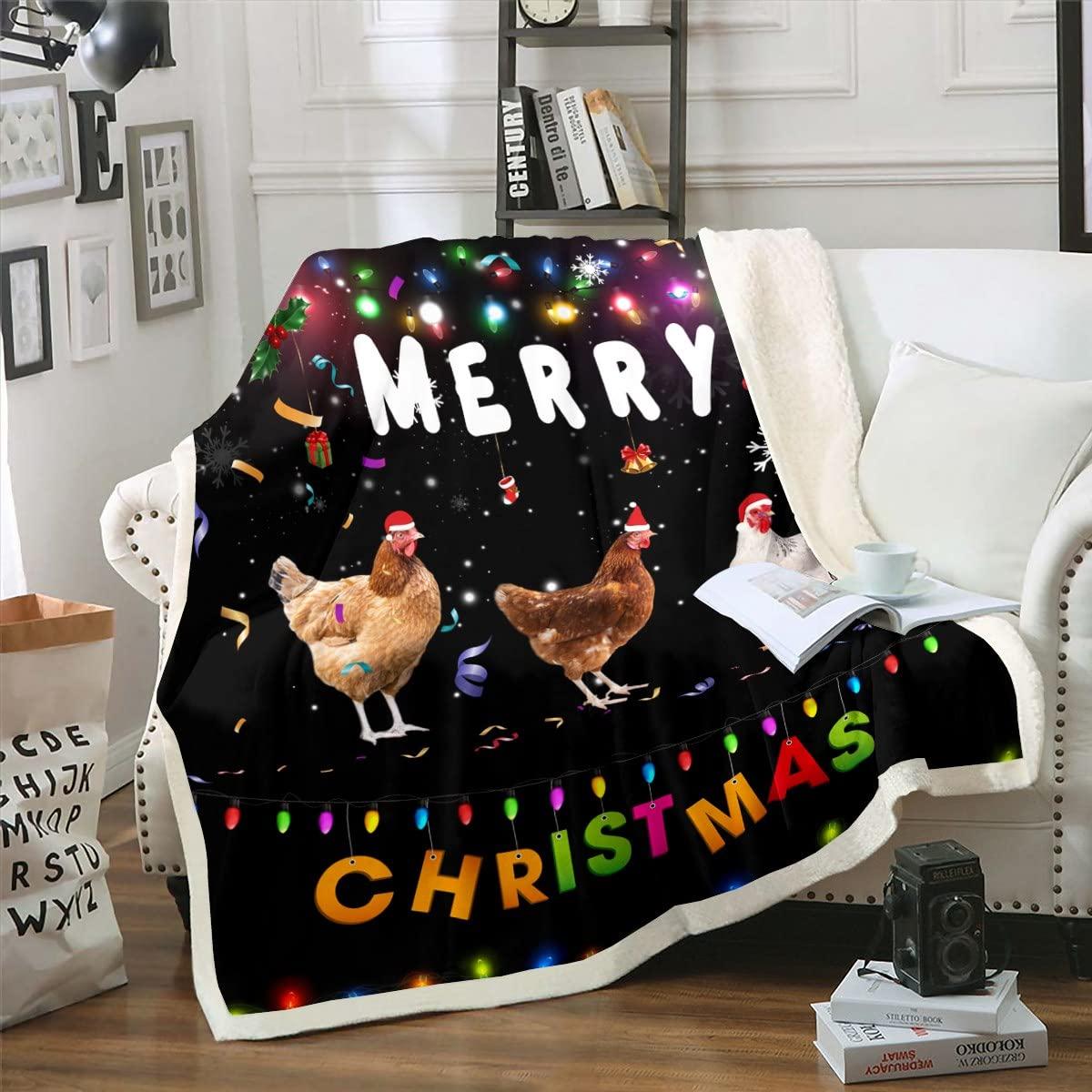 Homewish Merry Christmas Blanket Xmas Throw Blanket for Bed Chicken Print Fleece Blanket Rainbow Neon Sherpa Blanket White Snowflake Decorations Plush Blanket Kids New Year Gifts, Black