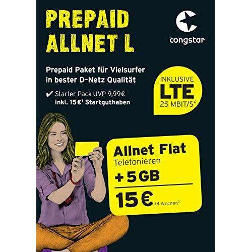congstar Allnet Flat Plus [SIM, Micro-SIM and Nano-SIM] Monthly Rolling Contract (1 GB data flat rate at 21 Mbit/s, Allnet Flat in all German Networks) 0