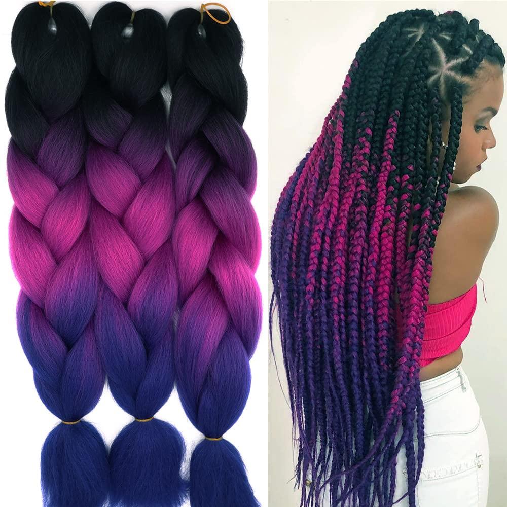 Cybelleza 24inch Braiding Hair Extensions for Braiding Ombre Jumbo Braiding Synthetic Hair 3PCS 300g Crochet Hair Box Braids for Women Braiding, Black & Fuchsia & Blue Purple 0