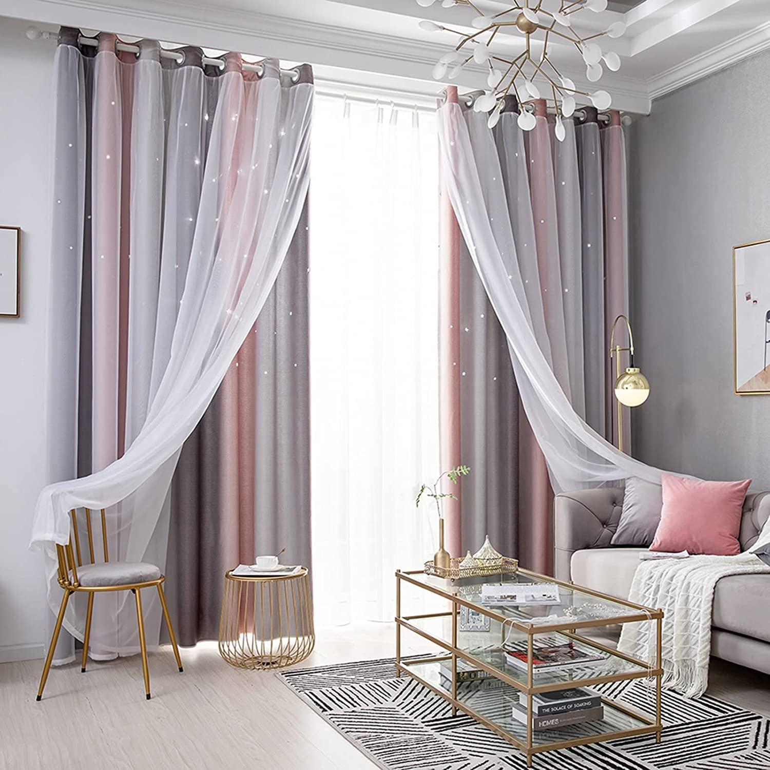 Lanqinglv Girls Curtains with Sheer Net - Kids Room 2 Panels Stars Blackout Curtain with Hollow Out Design,Pink Grey Double Layer Star Cut Out Living Room Window Curtains Nursery,W 52 in x L 63 in 1