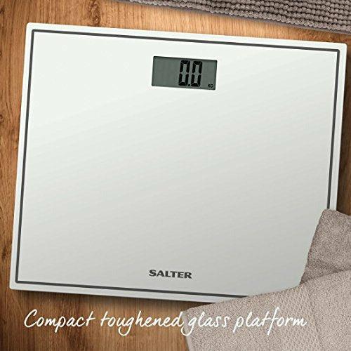 Salter Compact Digital Bathroom Scales - Toughened Glass, Measure Body Weight Metric / Imperial, Easy to Read Digital Display, Instant Precise Reading w/ Step-On Feature - White 1