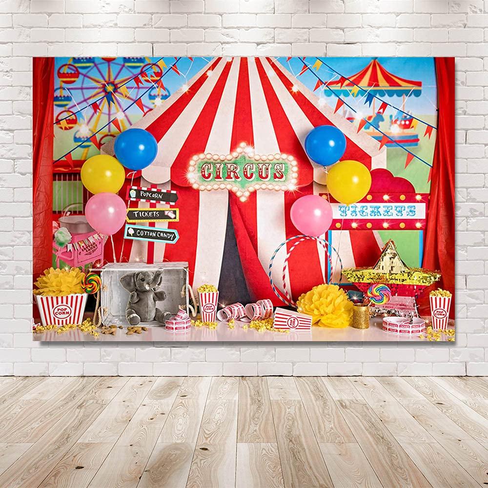 MEHOFOND 7x5ft Circus Carnival Photography Backdrop Stripes Tent Balloon Flag Birthday Party Background Banner Popcorn Tickets Cake Smash Decor Child Portrait Photo Studio Booth Props 1