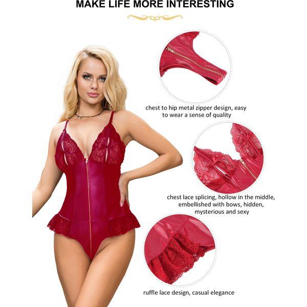 ohyeahlady Sexy Lingerie for Women Naughty Wet Look PVC Outfits Going Out Teddy Lingerie Bodysuit PU Leather Zipper Leotard Clubwear Red Size UK 8-10 3