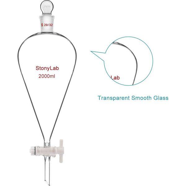 StonyLab PTFE Stopcock Separatory Funnel 2 L, Borosilicate Glass Heavy Wall Conical Pear-Shaped Separatory Funnel Separation Funnel with 29/32 Joint 4