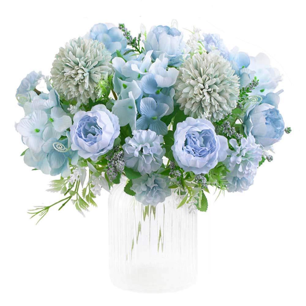KIRIFLY Artificial Flowers, Fake Peony Silk Hydrangea Bouquet Decor Plastic Carnations Realistic Flower Arrangements Wedding Decoration Table Centerpieces(Blue)