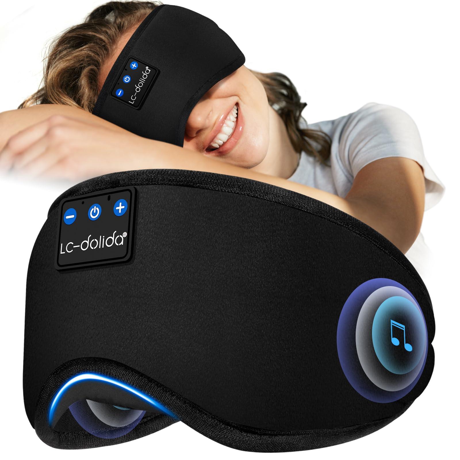 LC-dolida Bluetooth Sleep Mask Headphones for Side Sleeper,100% Blackout Cotton Deep Eye Mask Headphones Can Play 14 Hours,Eye Covers with Travel Bag & 2 Sleep Earplugs,Tech Gadgets for Men Women