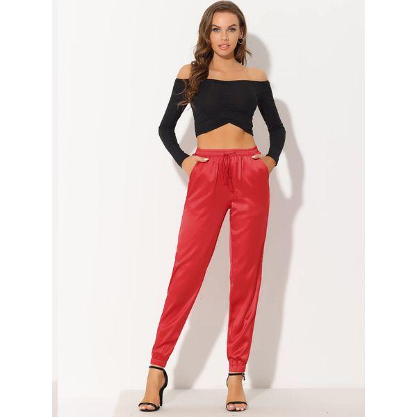 Allegra K Women's Work Trousers Drawstring Elastic Waist Athleisure Track Pants Ankle Length Satin Joggers with Pocket Red M 2