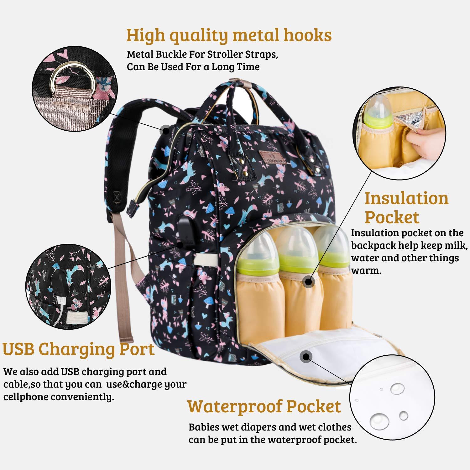 ORANIFUL Nappy Changing Bag Large Capacity Baby Diaper Back Pack Multi-Function Waterproof Travel Backpack with USB Port/Insulated Pockets/Changing Mat for Mom and Dad (Printed Black) 3