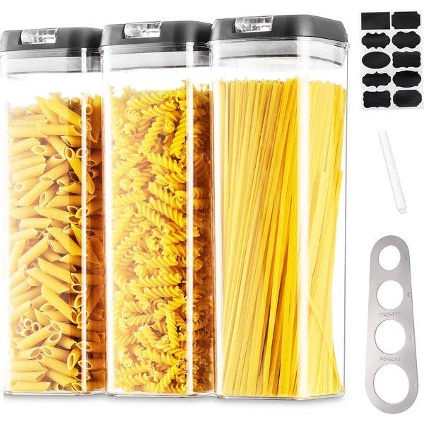 Pasta Food Storage Containers Kitchen: 3Pcs Airtight Cereal Storage Jars Large Plastic Spaghetti Boxes Set with White Easy Lock Lids Stackable Clear Flour Rice Canisters Bpa Free Pantry Organiser 0