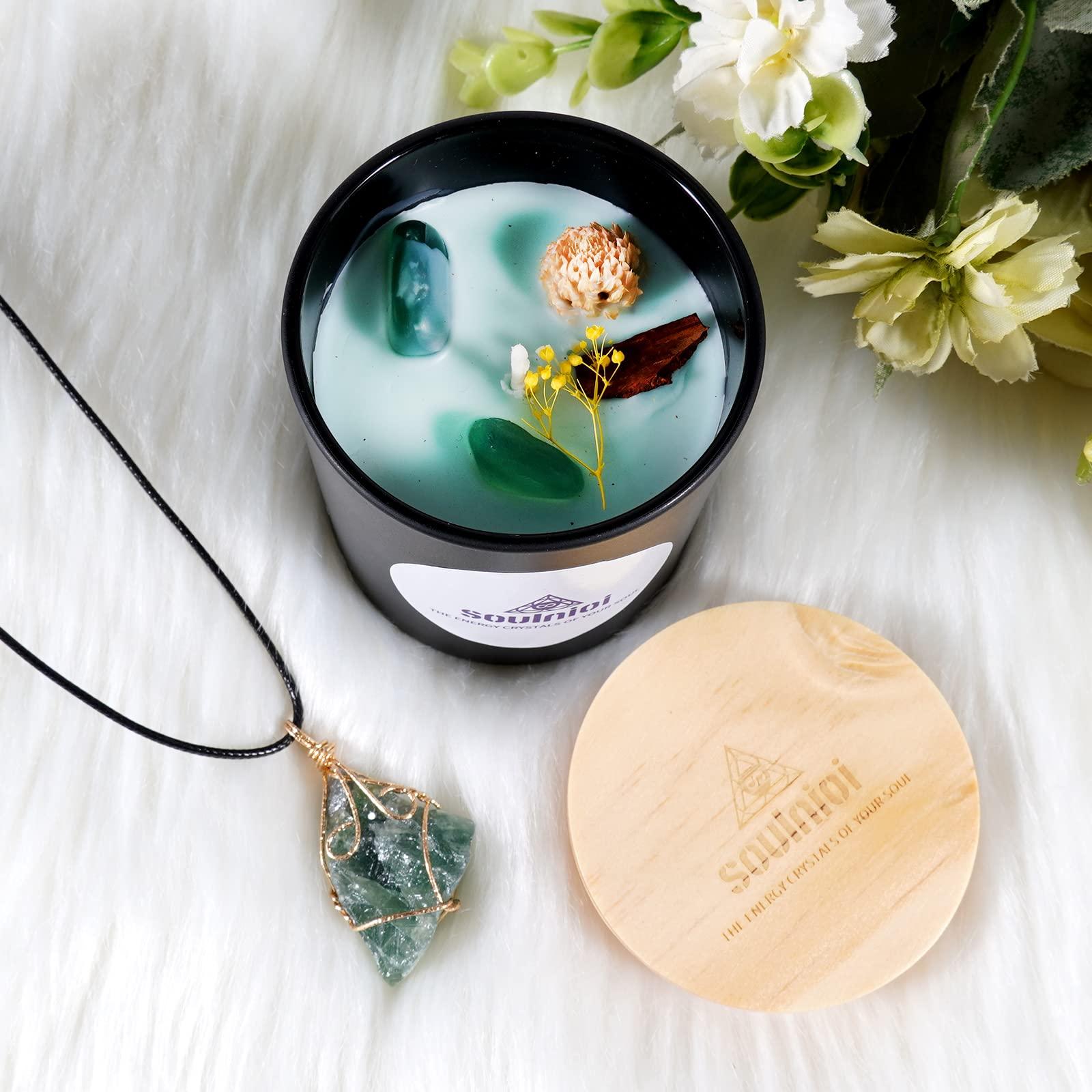 Soulnioi Scented Candle Set Black Cup Soy Wax Aromatherapy Candle with Crystal and Dry Flower Freesia Fragrance and Fluorite Crystal Pendant Necklace of Stress Realxtion for Wedding Birthday Gift 3