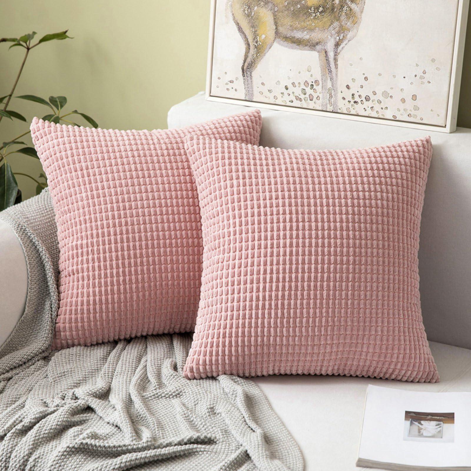 MIULEE Set of 2 Decorative Corduroy Cushion Covers 18x18 Inches, 45cm x 45cm Striped Solid Square Throw Pillow Cases for Sofa Couch Home Bedroom Babypink 0