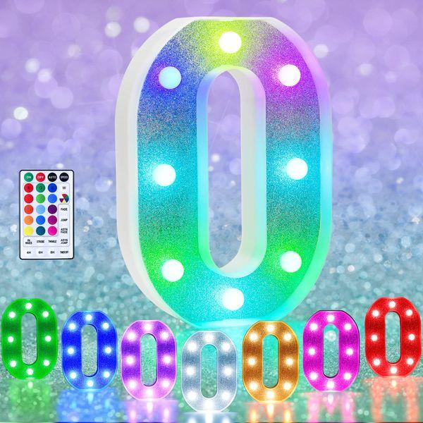 Colorful LED Marquee Letter Lights, RGB Shiny LED Letters with Remote, Glitter Light Up Letters Marquee Signs Battery Powered, Christmas Birthday Home Wedding Party Decoration, Letter O 0