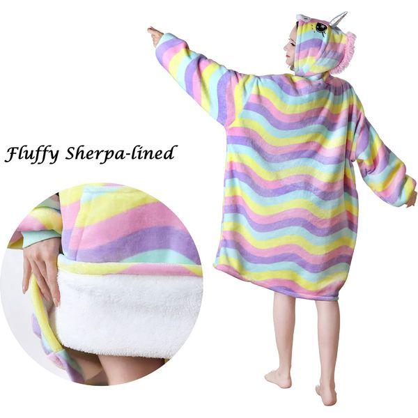 Queenshin Rainbow Unicorn Wearable Blanket Hoodie,Oversized Sherpa Comfy Sweatshirt for Adults Women Girls,Warm Cozy Kawaii Animal Hooded Body Blanket 2