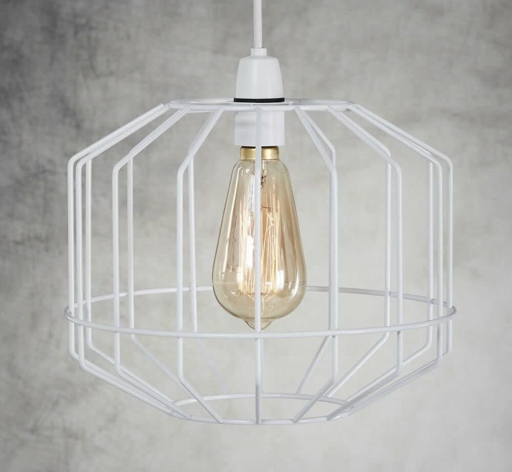 Retro Design Light Shade - Metal Wire Basket Cage Lamp Shade - Ceiling Pendant Light Shade - Wire Cage Lamp Shade - Industrial Vintage Style - Easy Fit Metal Lamp Shade - White 2