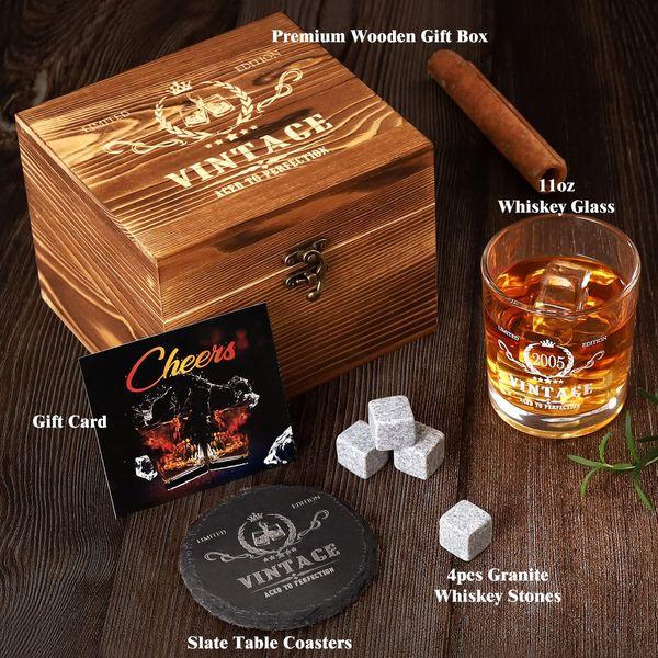18th Birthday Gifts for Boys, Vintage 2005 Whiskey Glass Set - 18th Birthday Decorations - 18 Years Anniversary, Bday Gifts Ideas for Him, BoyFriend, Friends - Wood Box & Whiskey Stones & Coaster 1
