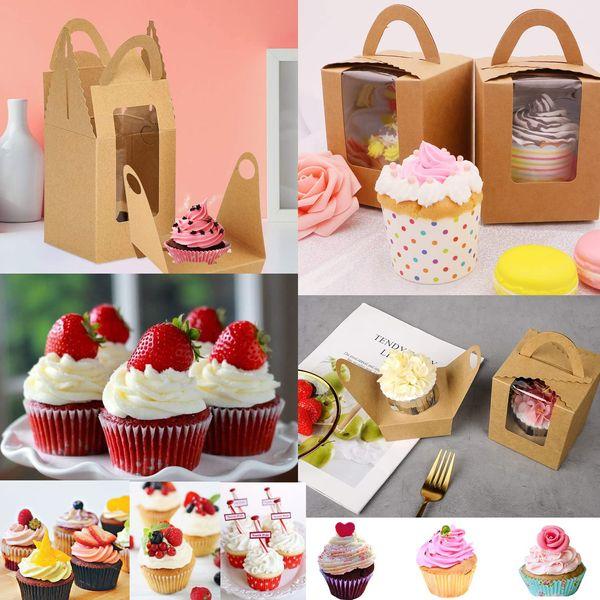 Gbateri 60 Pieces Individual Cupcake Boxes with Insert and Clear Window, Brown Kraft Single Cupcake Boxes Cupcake Carrier with Handle Cupcake Container Bakery Boxes Mini Cake Boxes Treat Gift Boxes 4