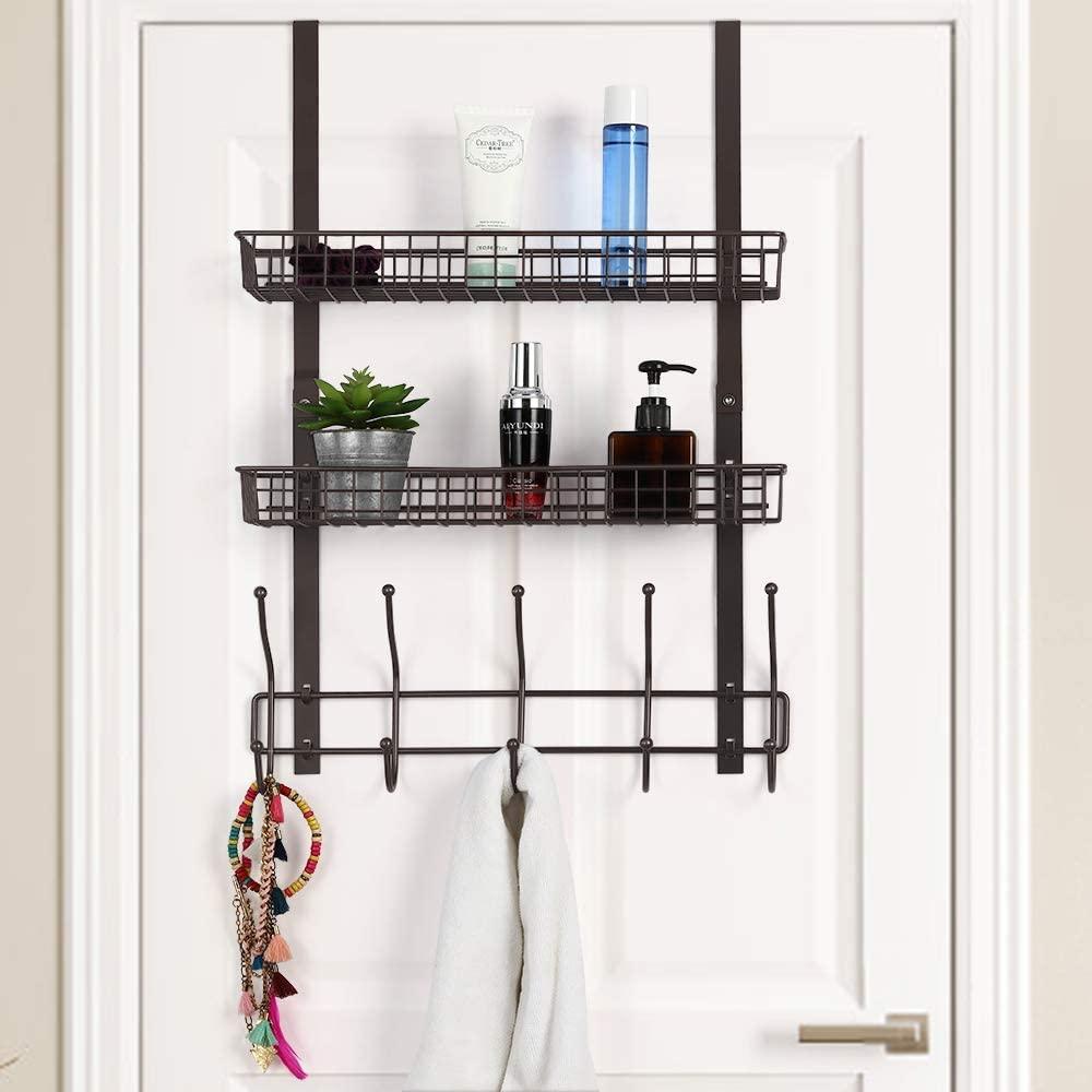 UOMIO Over Door Storage Racks with 2 Wire Baskets and 5 Coat Hooks No Drilling Over The Door Hanger Organisers for Bathroom Bedroom Kitchen, Dark Brown 3