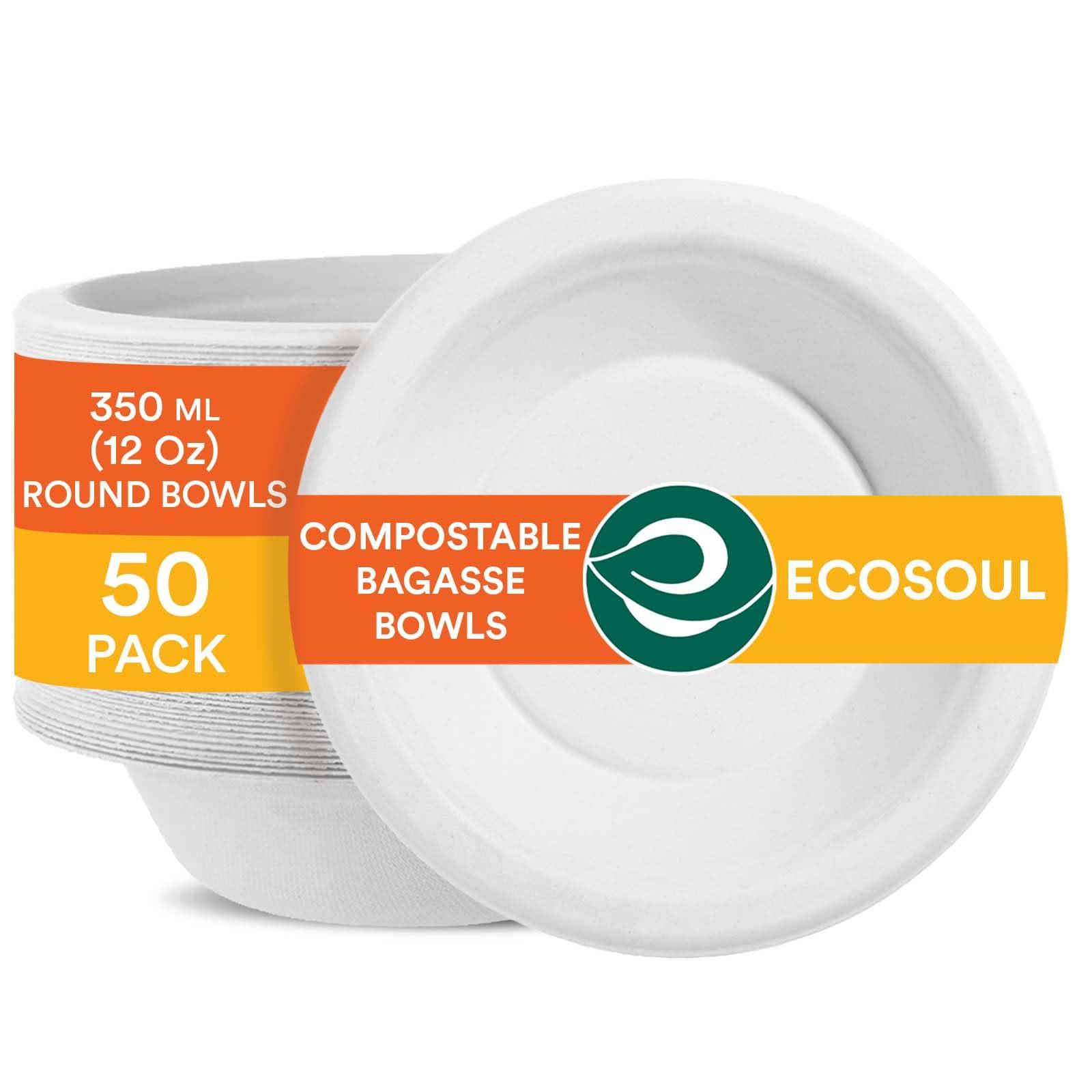 ECO SOUL Pearl White Round 350 ml(12oz) Bagasse Bowls, 10x Times Sturdy Than Paper Plates(Pack of 50), Disposable Tableware, 100% Compostable, Eco Friendly Alternative to Plastic Bowls, Microwavable 0