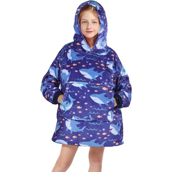 Queenshin Shark Wearable Blanket Hoodie,Oversized Sherpa Comfy Sweatshirt for Teens Kids Boys 7-16 Years,Warm Cozy Animal Hooded Body Blanket Blue