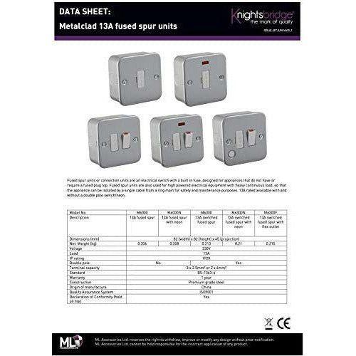Knightsbridge M6300N Metal Clad 13A Switched Fused Spur Unit with Neon, 230 V, Silver 1