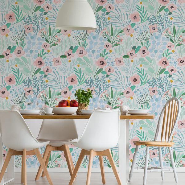 VaryPaper Pink Flower Wallpaper Blue Floral Contact Paper Self Adhesive Botanical Wall Art Deco Green Leaf Wall Covering for Living Room Bedroom Furniture Vinyl Wrap for Kitchen Cupboards 45cm×3m 2