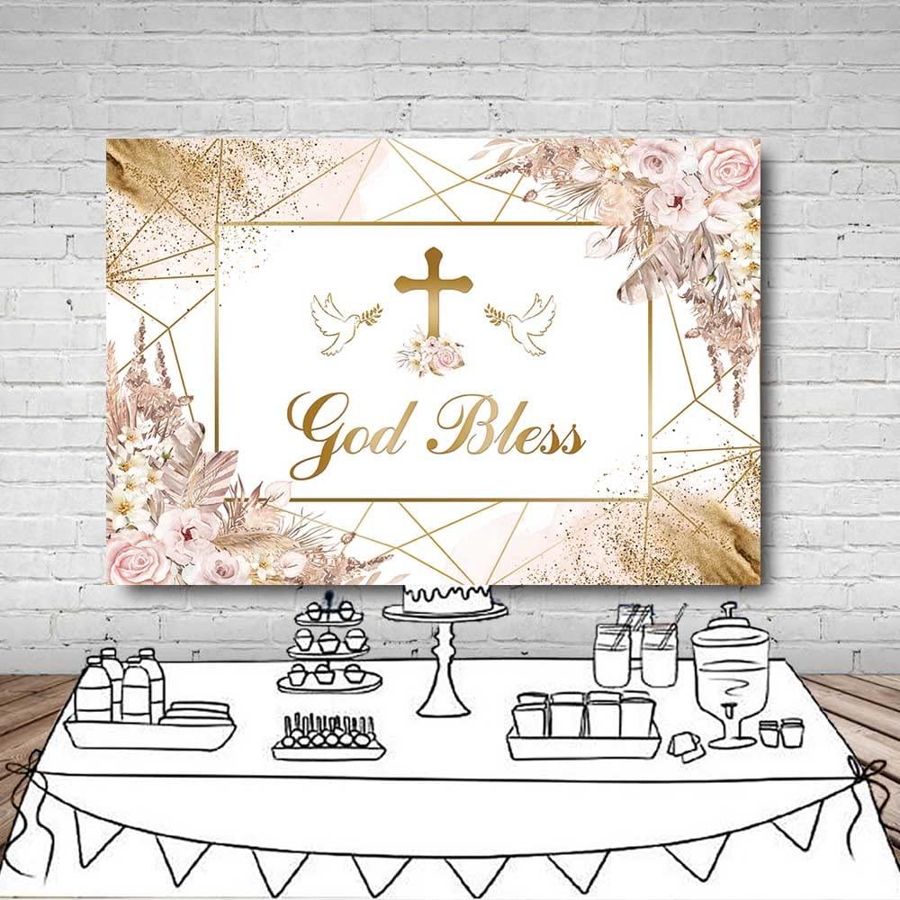 MEHOFOND 7x5ft God Bless Backdrop Bohemia Theme Pink Floral First Holy Communion Christening Dove Jesus God Bless Photography Background Newborn Baby Shower Cake Smash Decor Photo Studio Props 4