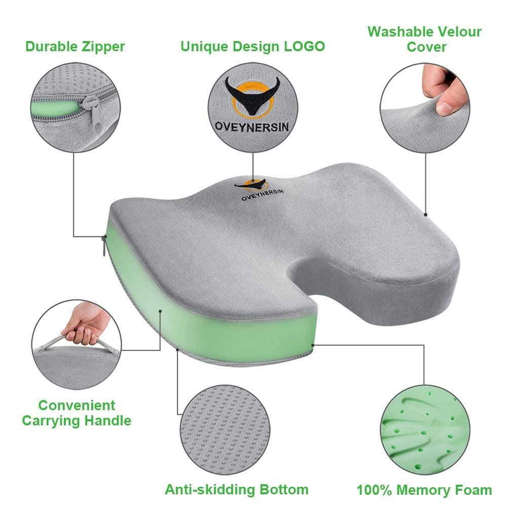 OVEYNERSIN Seat Cushion for Office Chair - Comfortable Desk Chair Cushion - 100% Pure Memory Foam Car Seat Cushion - Coccyx Orthopedic Pad - Relieves Back, Hip, Tailbone, Sciatica Pain - Gray 1