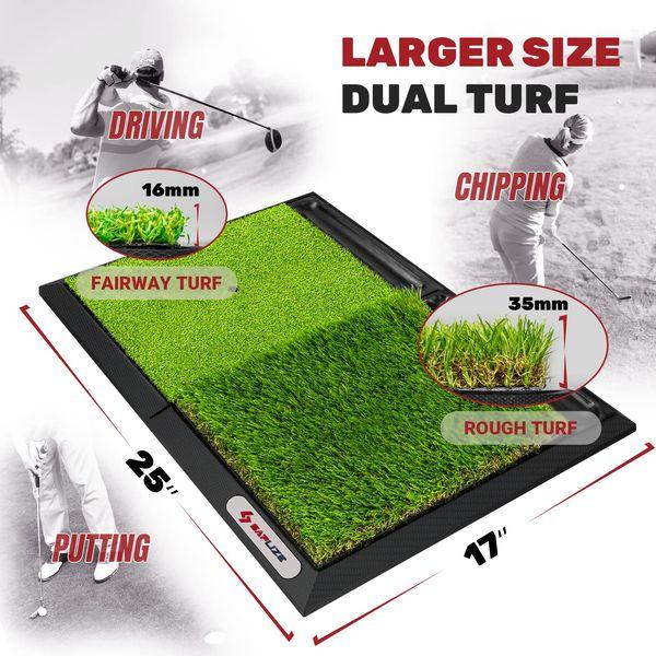 SAPLIZE 25" x 17" Golf Hitting Mat with Ball Tray, Heavy Rubber Base, Fairway & Rough Turf (Golf Tees and Rubber Tee Holder Included), Portable Golf Practice Mat for Indoor& Outdoor 3