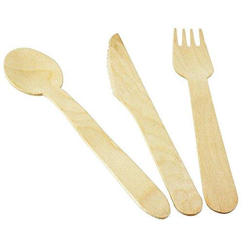 CONCEPT4U® 100 Wooden Cutlery Set Knives Forks Spoons Disposable Biodegradable Party Garden Cutlery BBQ Utensil Tableware Food Serving Catering Birch Wood 0