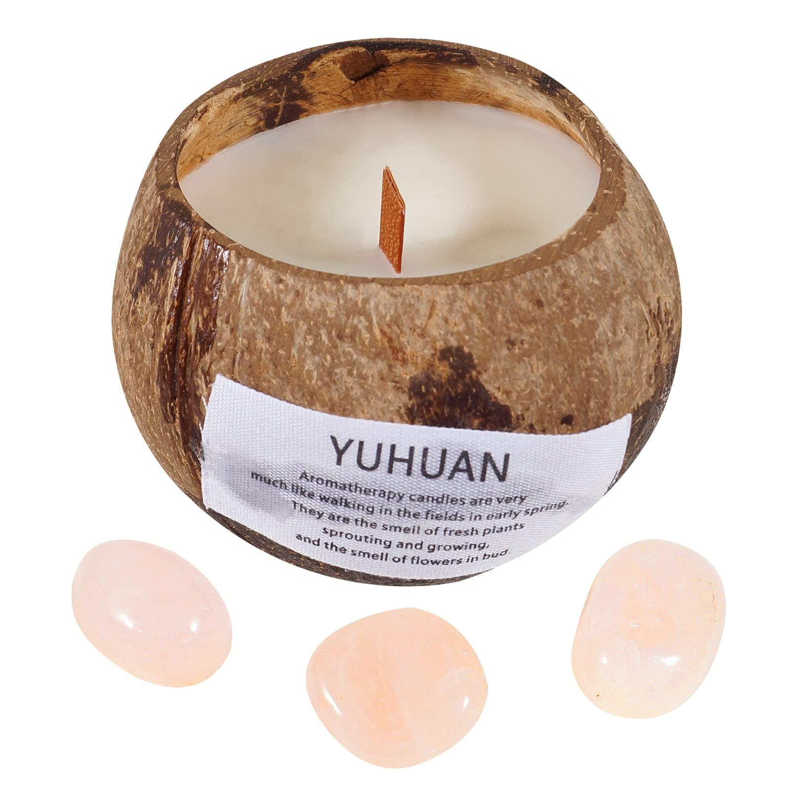 Soulnioi Coconut Candle Home Scented Candles Made from Coconut Shells Soy Wax Aromatherapy Candly|Burning Time 50-60hours, and 3pcs Irregulat Polished Rose Quartz Natural Crystal Stones 0