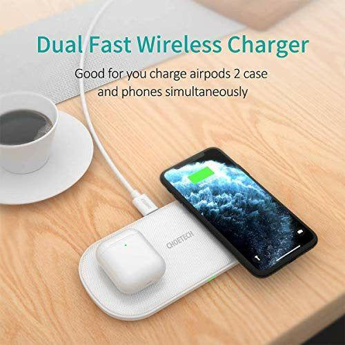 CHOETECH Dual Wireless Charger, 5 Coils QI Fast Wireless Charging Pad 7.5W Compatible with iPhone 12 Pro/11 Pro Max/XS Max/XR/8+,10W for Galaxy Note 20/S20/Note 10/S10,AirPods 2 (Adapter Included) 2