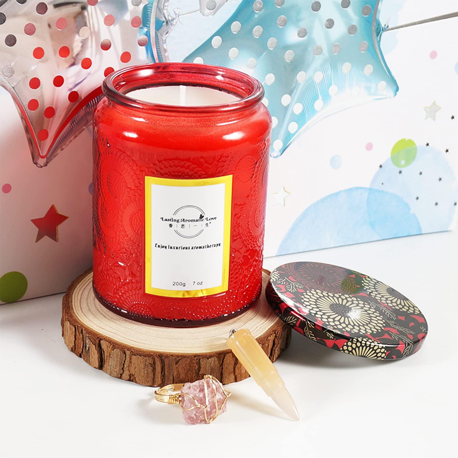 Soulnioi Embossed Red Glass Jar Candle Natural Soy Wax Candles Aromatherapy Candles Rose & Leather Scent | Up to 40 Hours Burn Time |, with Strawberry Crystal Ring and Agate Bullet Pendant Necklace 1