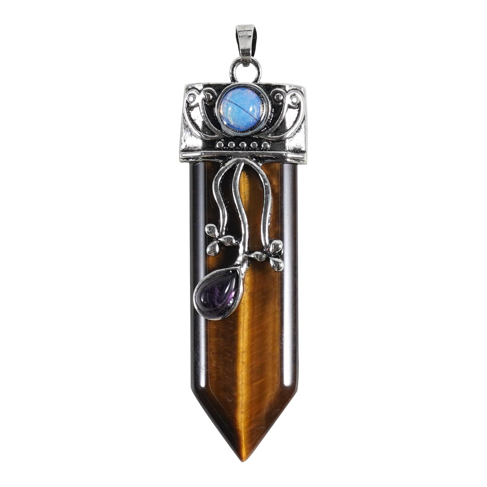 Soulnioi Irregular Raw Stone Hanging Ornaments Hand-Woven Leaf-Shaped Tassel - Black Tourmaline & Tiger Eye Stone, for Car Rear View Mirrors Home Decor, and Crystal Tiger Eye Stone Necklace Pendant 1