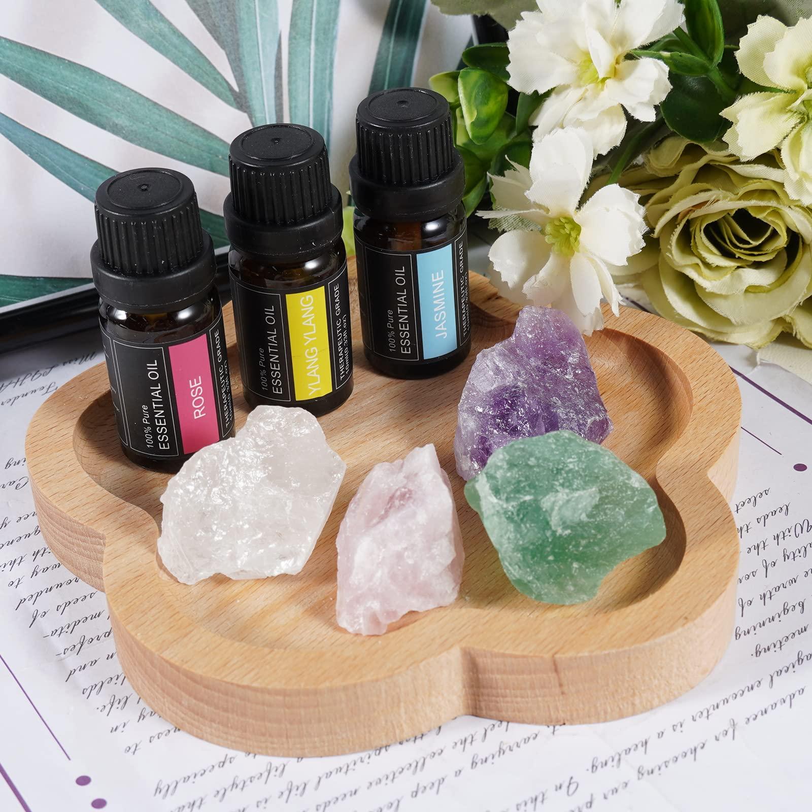 Soulnioi Wooden Decorative Tray For Crystal -Flower Shaped, 3pcs Essnetail Oils(Rose+Jasmine+Ylang), 4pcs Natural Raw Crystal(Rose Quartz+White Crystal+Amethyst+Fluorite), for Reiki Spiritual Healing 2