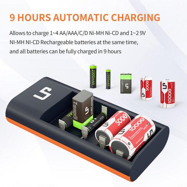 LP Universal Battery Charger LED Display for Rechargeable Batteries NI-MH NI-CD AA AAA C D 9V Li-ion, Smart Battery Charger with AC Adapter Fast Charging for 1.2V NI-MH NI-CD Batteries 2