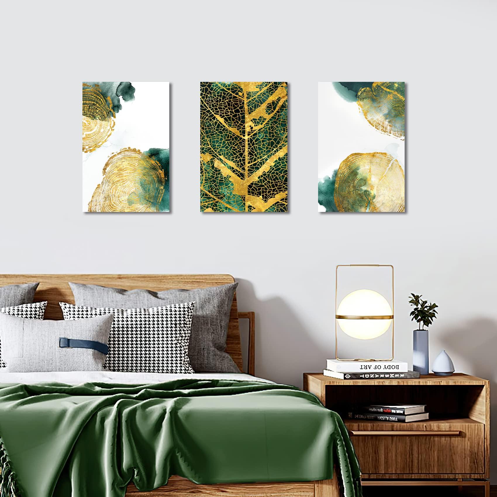 3 Panels Wooden Framed Canvas Wall Art Tree Golden Annual Rings Canvas Prints Tree Trunk Leaves Picture Painting Hallway Stairs Bedroom Living Room Wall Decor Ready To Hang 90x40cm(12"x16"x3pcs) 2