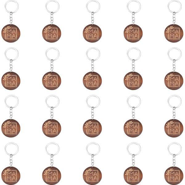 CHGCRAFT 20Pcs Moms- Engraved Wood Key Chain Engraved Wooden Flat Round Pendant Keychains with Iron Finding Key Chain Accessory, Coconut Brown