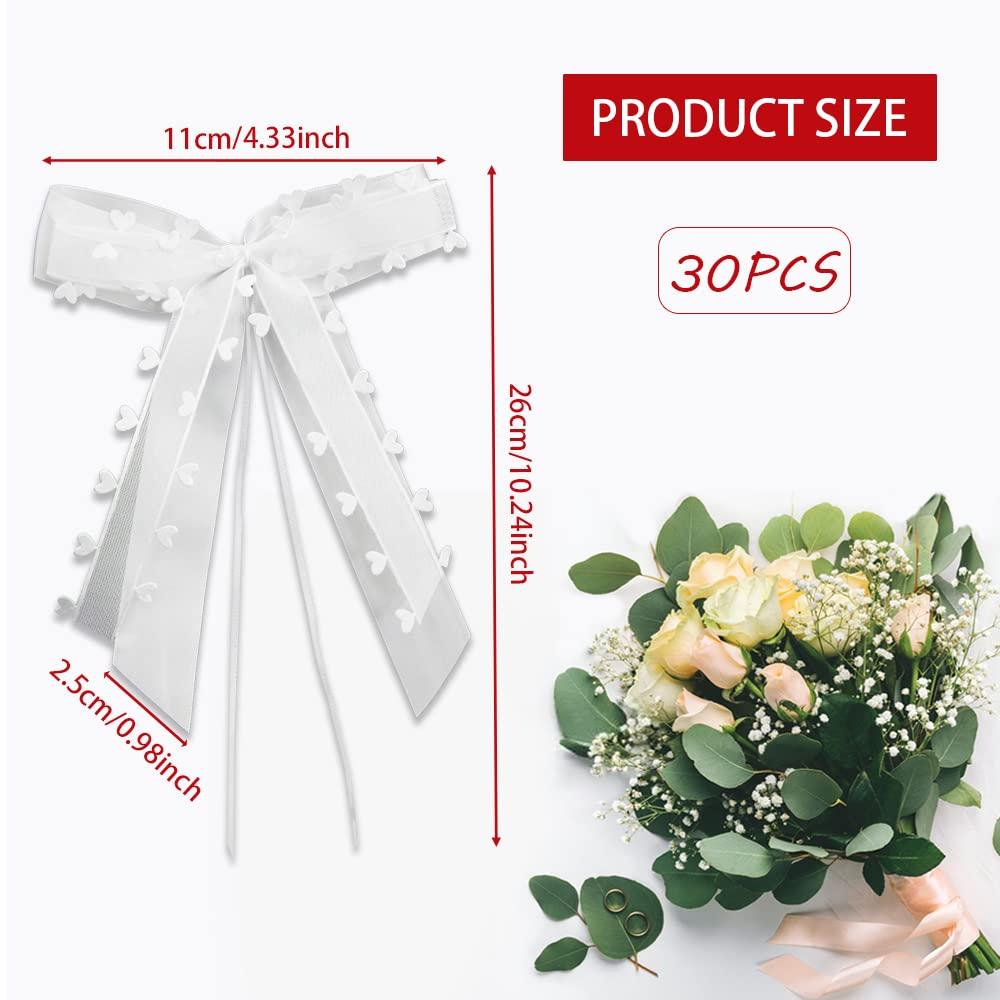 DURANTEY 30 Pcs Wedding Car Ribbon Bows White Heart Wedding Bows Butterfly Organza Bow Christmas Tree Bows Satin Ribbon Antenna Bows for Xmas Gift Wrapping, Flower Arrangements, Wedding Car, Party 1