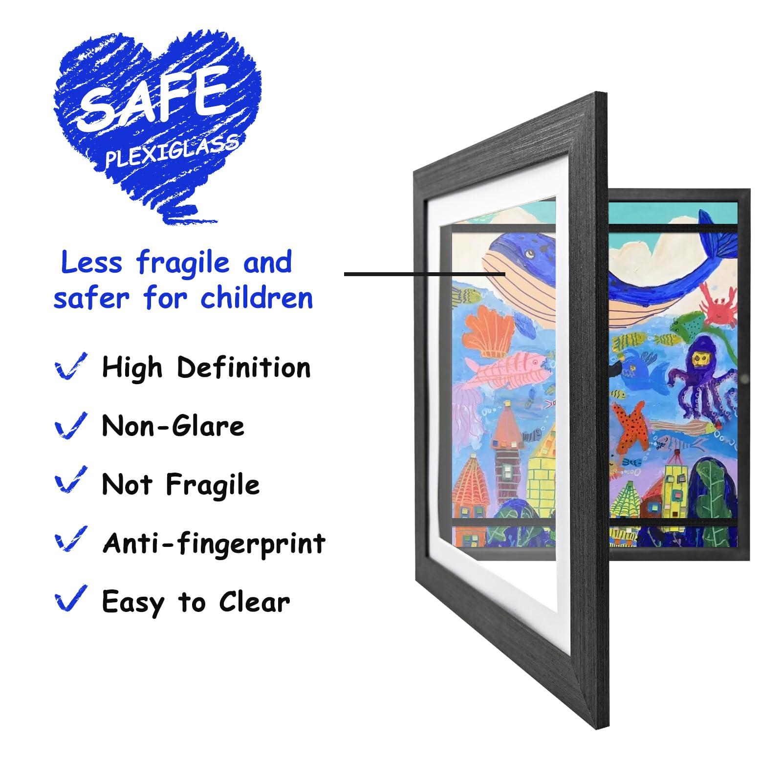 EGOFINE Kids Art Frames Solid Wood- 2 Pack Front Opening A4/8.5x11 Kids Artwork Frames Changeable with Mat and Display10x12.5 Pictures Without Mat,Children Art Frame with Acrylic Glass,Holds 150,Black 2